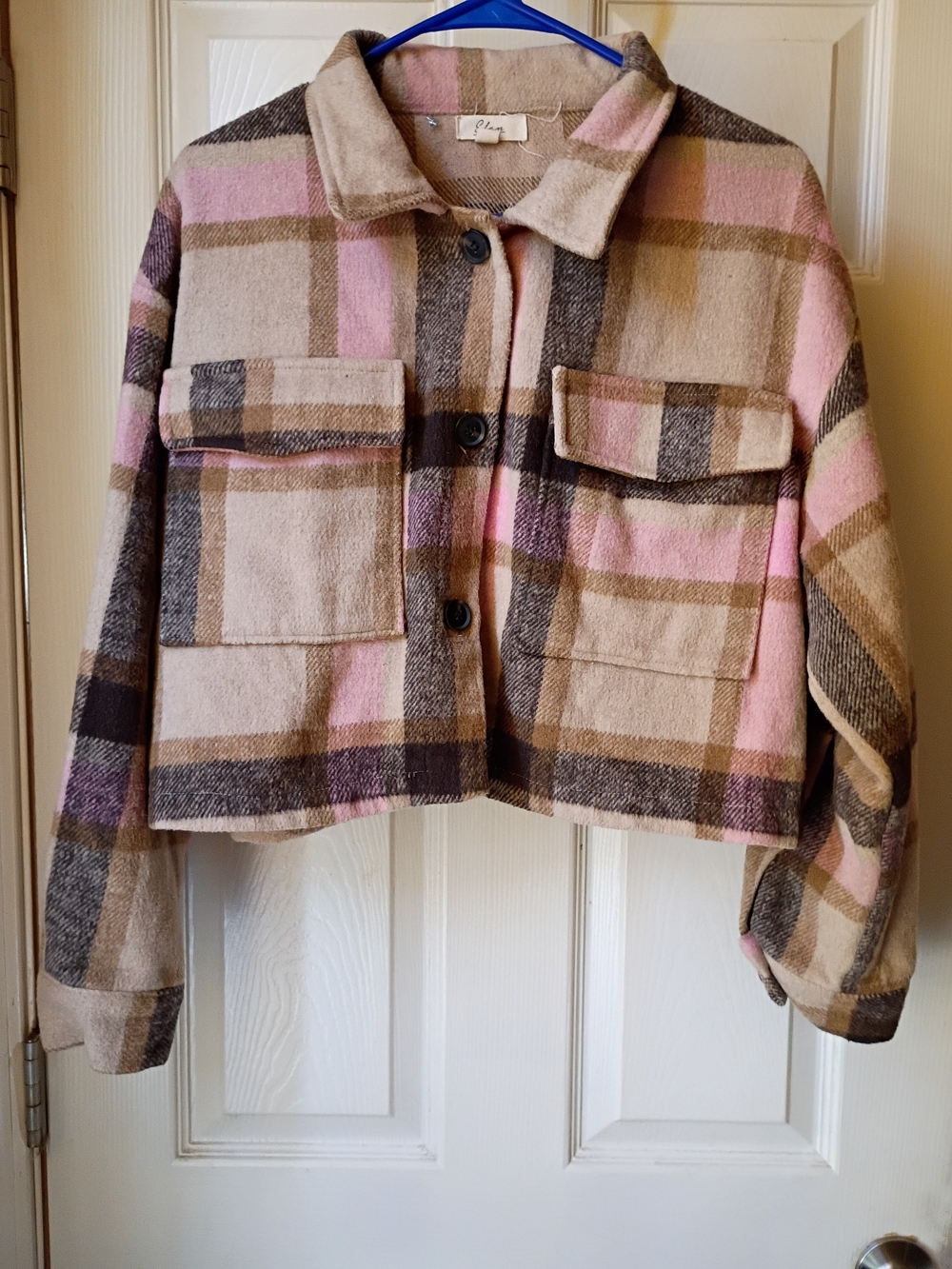Women's Elan Pink Beige Plaid  Shacket, size L